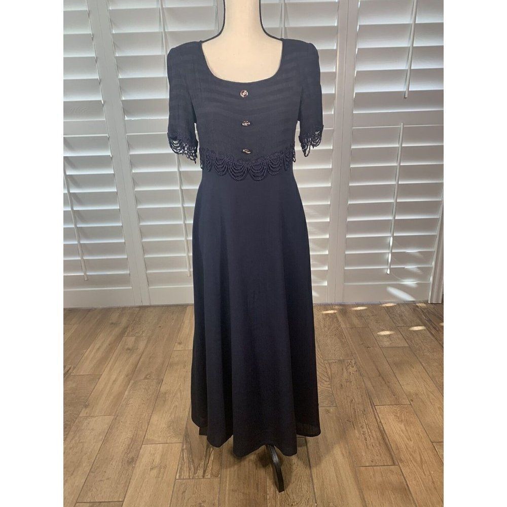 Vtg 80s Deadstock Lion Dark Blue Cocktail Dress 9 Ballet Length Rayon Empire